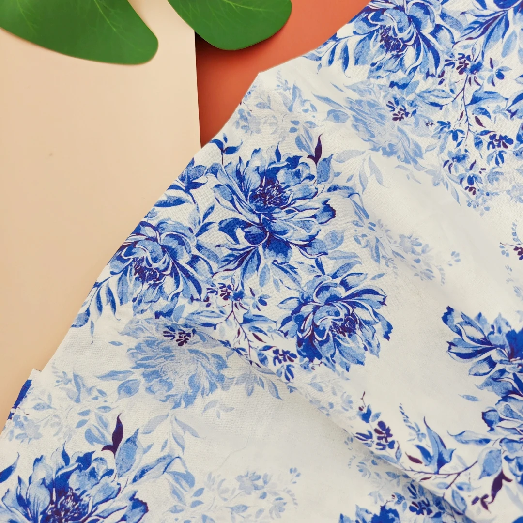 

140x50cm Cotton 40s Soft Poplin Digital Printing Blue Fresh Porcelain Fabric, Dress Cheongsam Summer Clothing Sewing Cloth