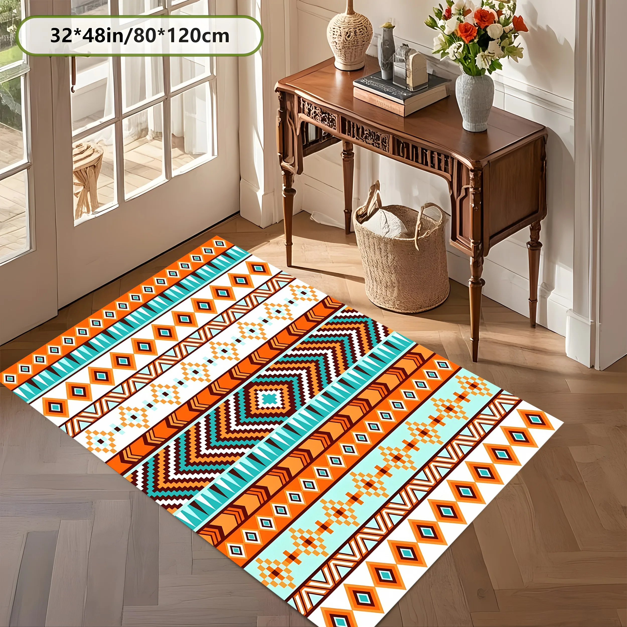 Color-Blocked Geometric Diamond Stripe Large Area Rug, Retro Bohemian Style, for Living Room and Bedroom