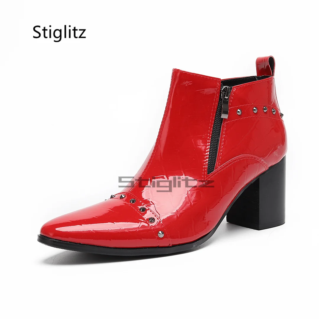 Patent Leather High Heels Rivets Boots  for Men Ankle Boots British Stylish Pointed Toe Autumn Winter Party Wedding Shoes