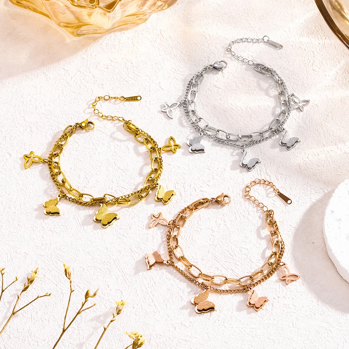 

Double layer chain frosted butterfly stainless steel plated 18K gold bracelet for women