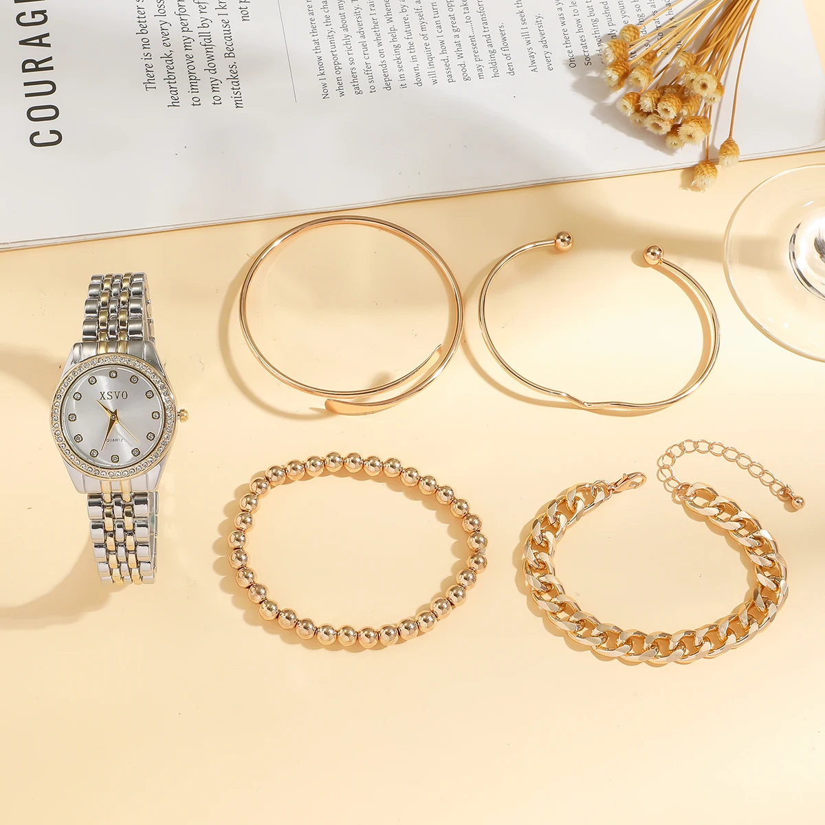 لا يوجد صندوق هدايا، نمط جديد، حزام فولاذي خفيف، ساعة يد كوارتز عصرية فاخرة، سوار بسلسلة من اللؤلؤ، مجموعة من 5 قطع #3