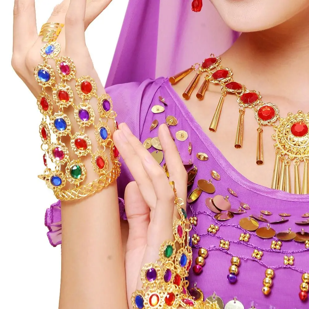 Shining Ring Indian Dance Performance Jewelry Rhinestone Finger Bracelet Diamond Bracelet with Rings Hollow Alloy Show Out