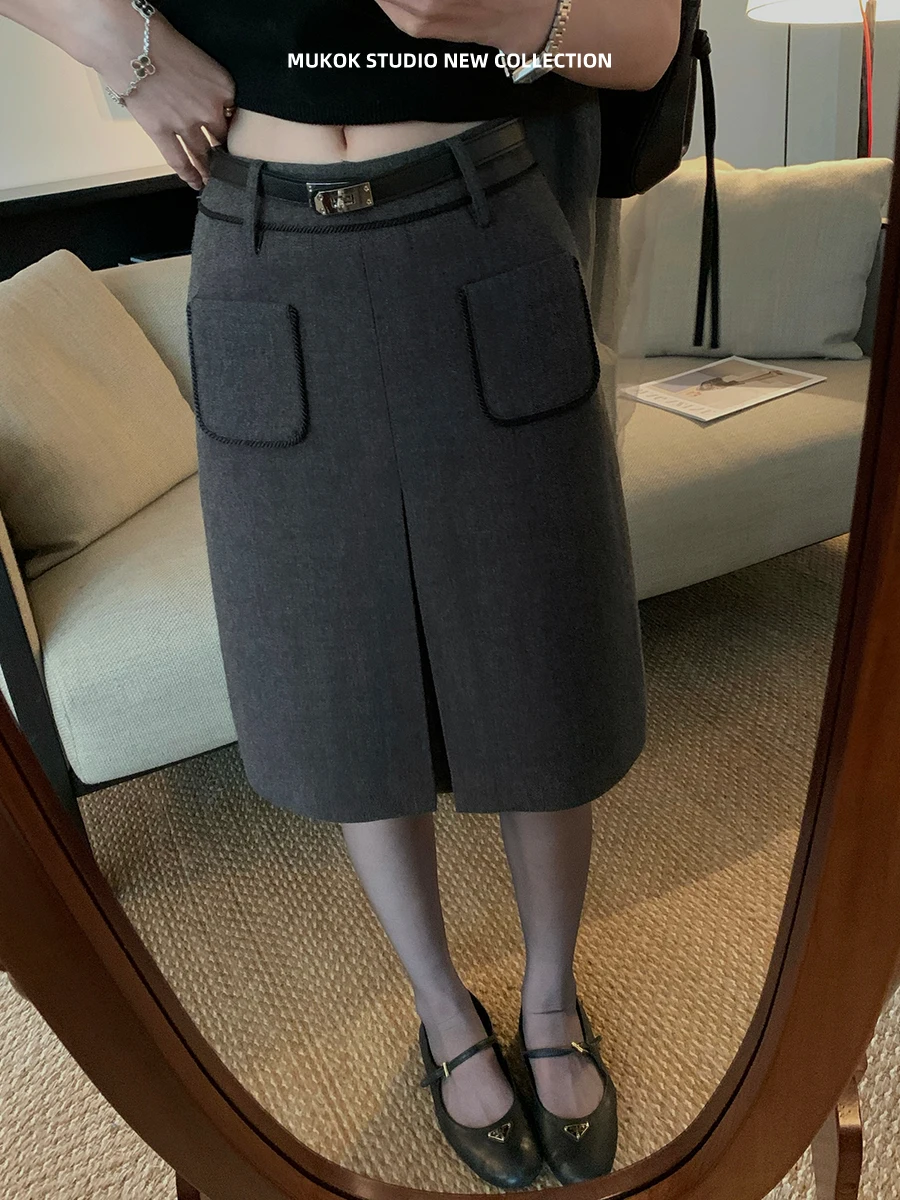 MUKOK Woolen Half Skirt with Weave Band Splicing A-Line Slimming High Waist Simple Style for Ladies Daily Commute
