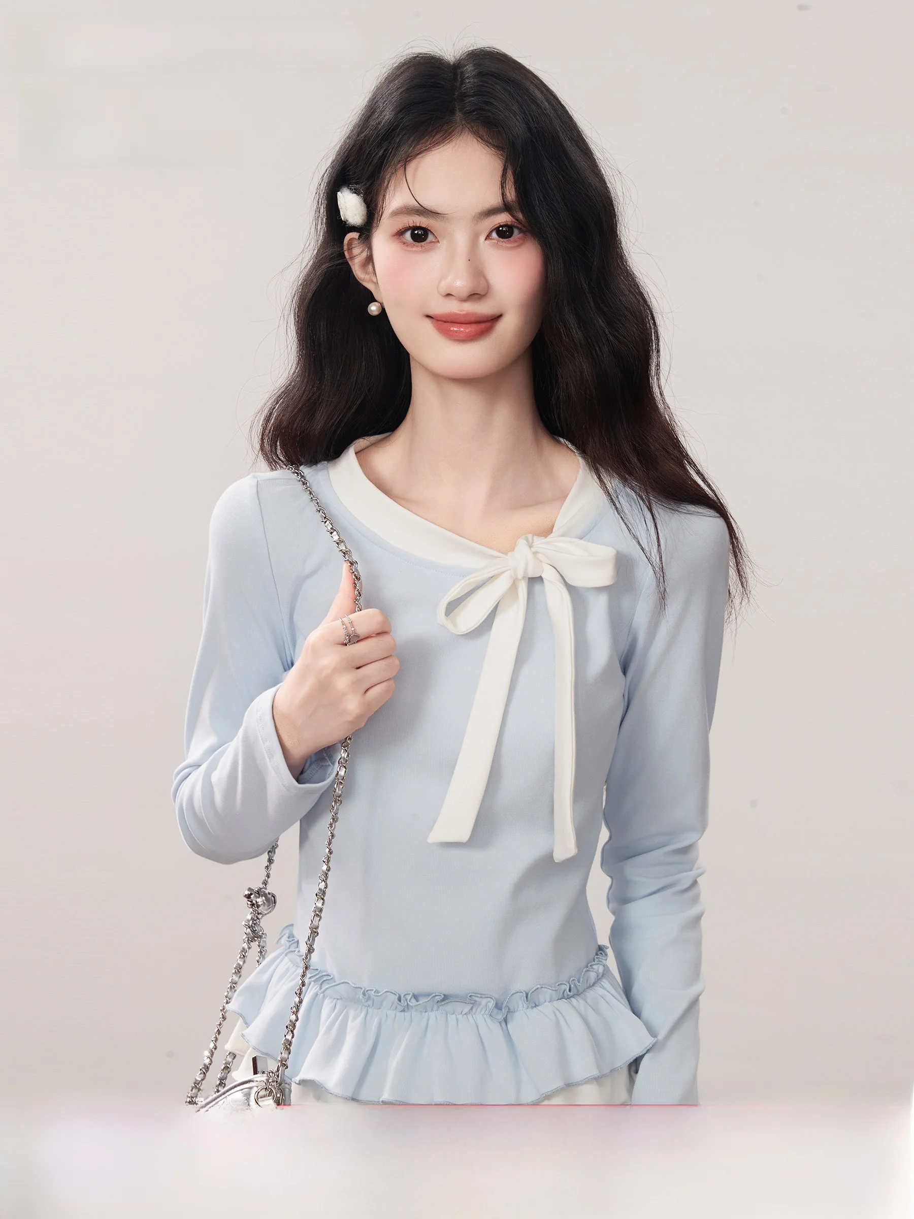 

Женская футболка Linjou Sea Salt с длинными рукавами, облегающая, повседневная, вязаная, хлопковая, с узлом, для ношения под одеждой