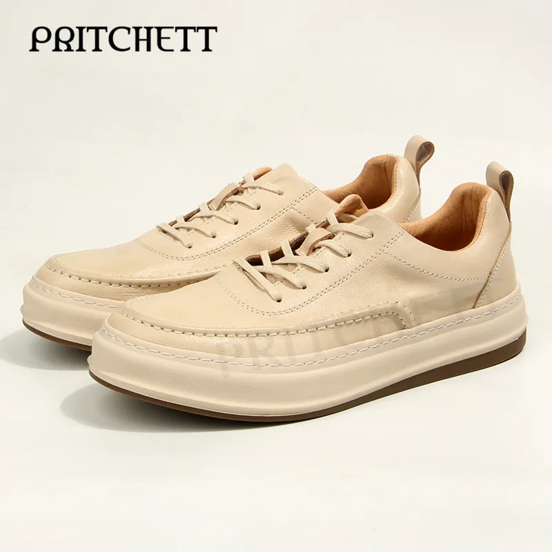 Off-White Slightly Dirty Old Sneakers Vegetable Tanned Leather Casual Simple Lace-Up Shoes Comfortable Thick-Soled Men's Shoes