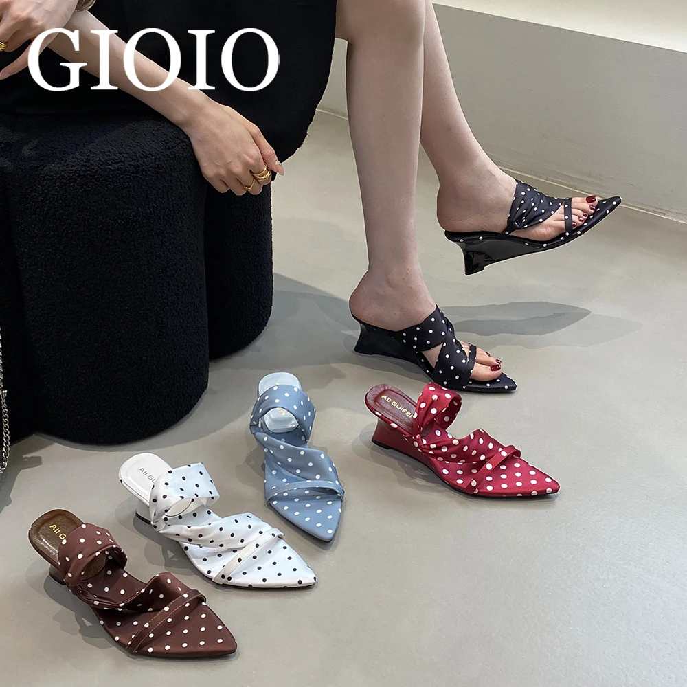 

《GIOIO》Silk Wedges Women Sandals Summer Female Shoes Slippers Pointed Toe Designer Polka Dot Elegant Dress Women's High Heels