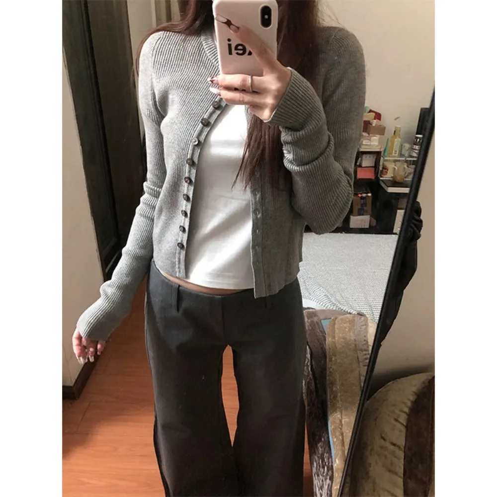 

Простой корейский офисный женский кардиган, американский винтажный вязаный свитер с круглым вырезом и длинными рукавами, тонкий модный тянущий Femme в стиле меньшинств