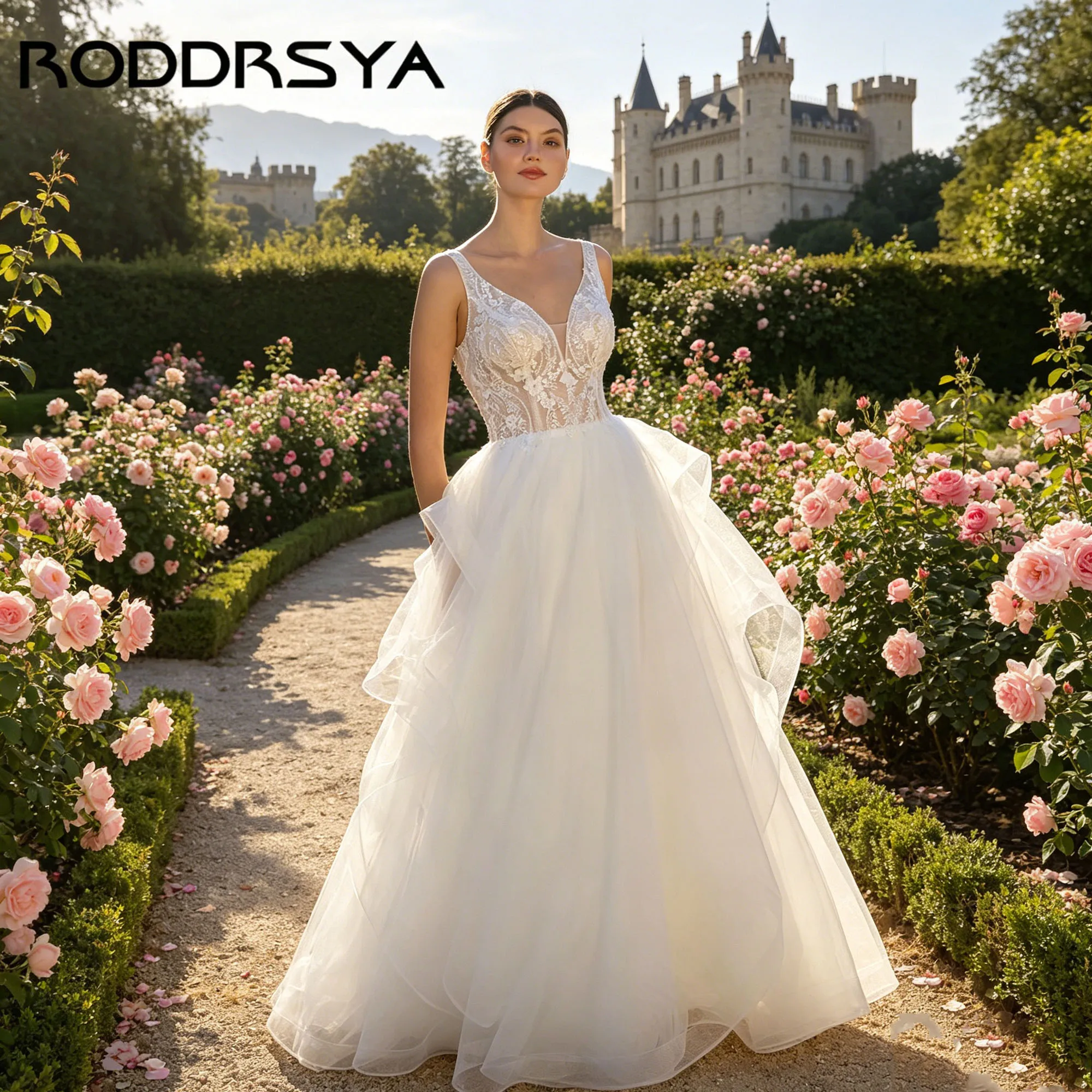 

RODDRSYA A-line Ruffle Layered Tulle Wedding Dress Sleeveless V-neck Elegant Bridal Gowns Romantic vestidos de novia Customized