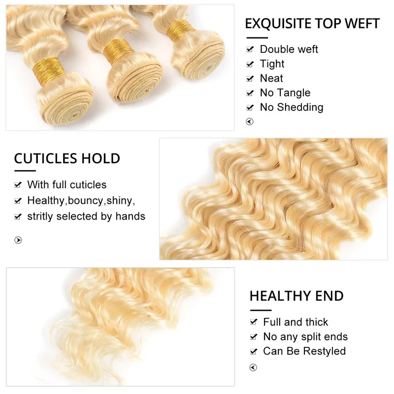 2/3 قطعة شعر بشري مموج عميق 613 حزم شقراء مع دانتيل أمامي 13x4 100% شعر عذراء برازيلي غير معالج درجة 12A 100 جرام/قطعة