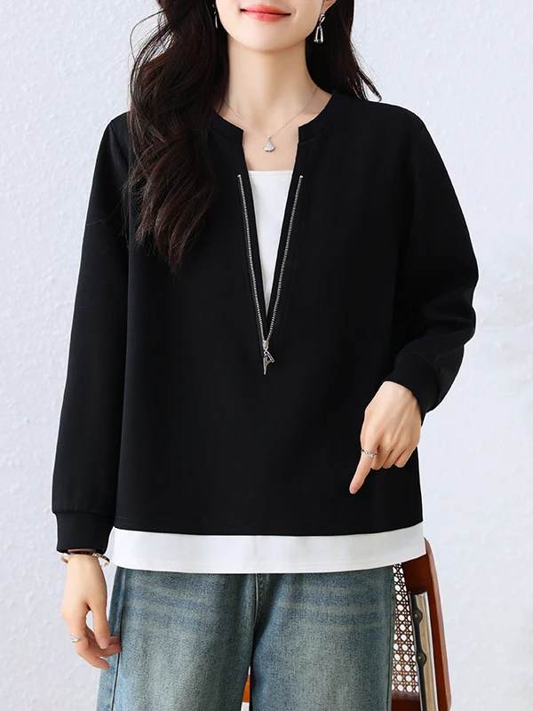 

Color Blo Zipper Design Long Sve Casual Loose Faionable Sweatirt T-irt Large Size Women's Clothing Versatile Stree...