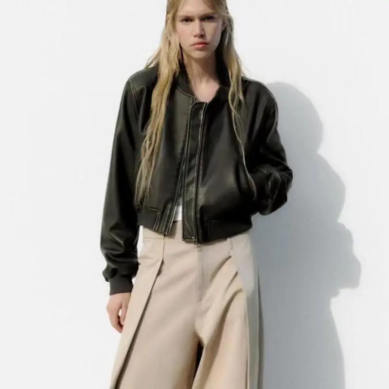 

Женская свободная куртка из мытой кожи, весеннее короткое пальто-пилот из искусственной кожи с воротником-стойкой и градиентной застежкой-молнией, женское стильное шикарное пальто