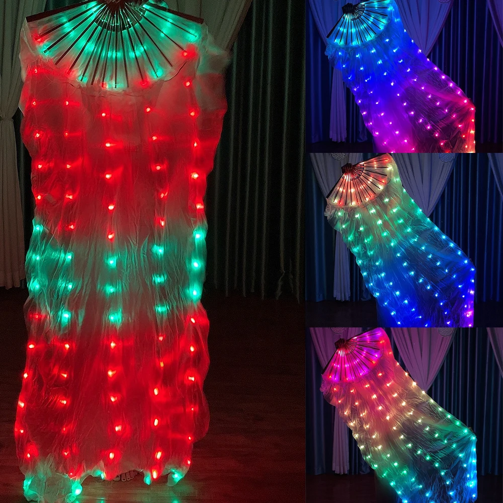 

Silk LED Rainbow Long Fans RGB Colorful Belly Dance Veil Performance Prop Bar Nightclub Cosplay Costume Shows Accessories