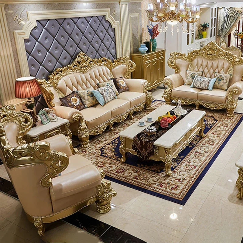 

Royal European Luxury Carving Combination Sofa Set 123 Elegant Villa Living Room Furniture Solid Wood Leather Home Furnishin