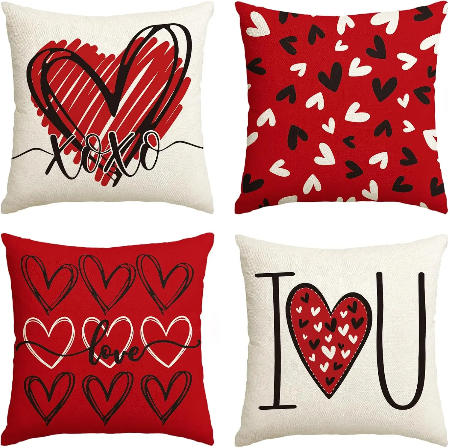 4pcs I Love Valentine Hearts Throw Pillow Covers, 18 x 18 Inch Love Wedding Cushion Case Decoration for Sofa Couch Set of 4