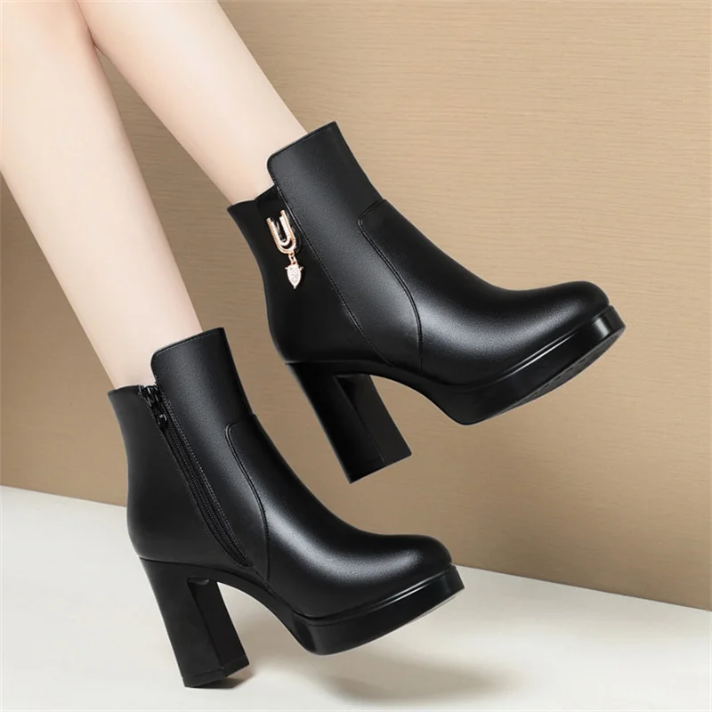 Thick heel Non-slip Plus Fleece Thick Sole Platform Shoes 2024 Winter Luxury Black Super High Heel Ankle Boots for Women