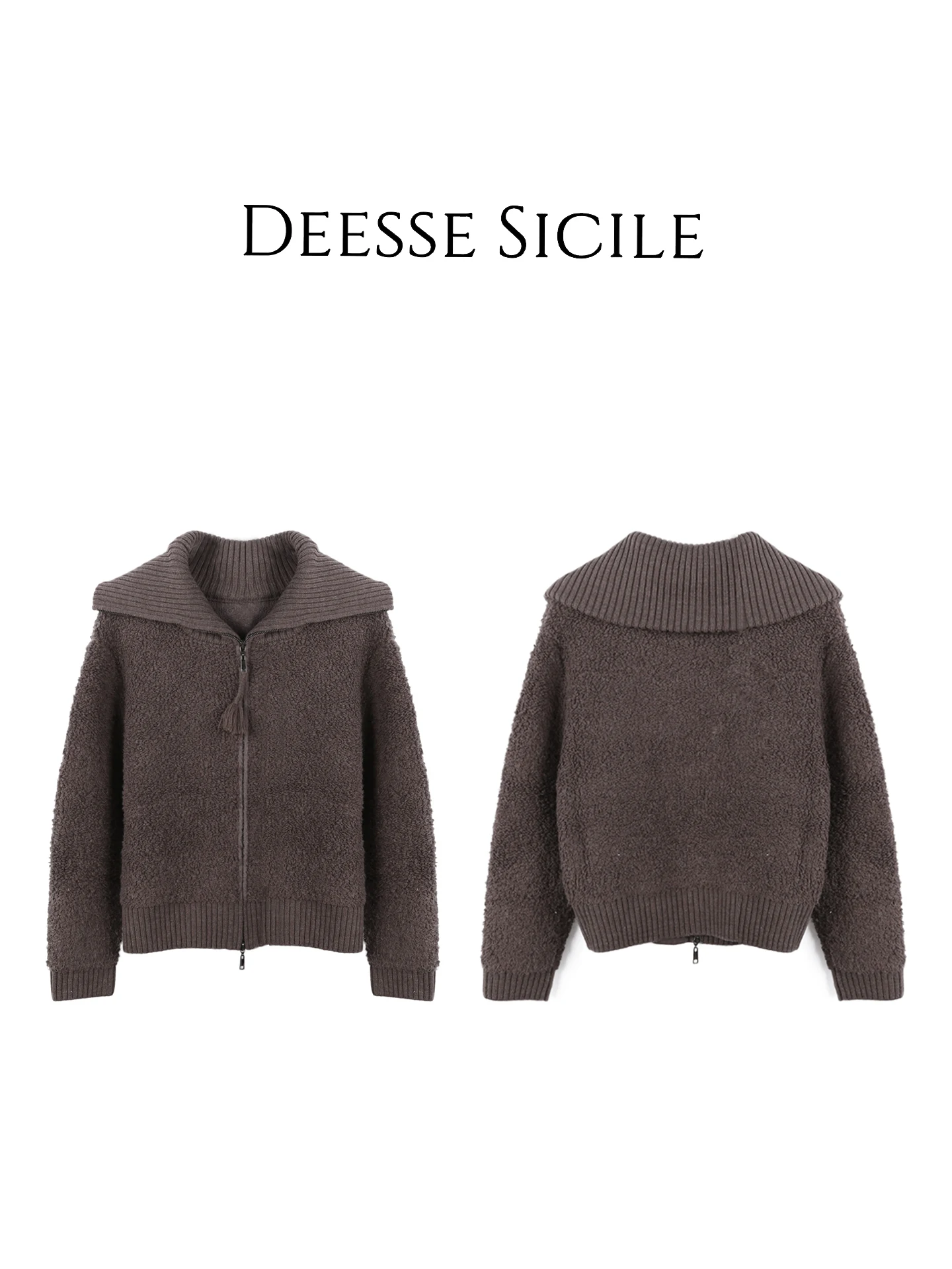 

Coffee Color Woolen Knitted Sweater with Large Collar And Tassel Zipper for Women Soft Thi Long Sve ort Length Cardigan