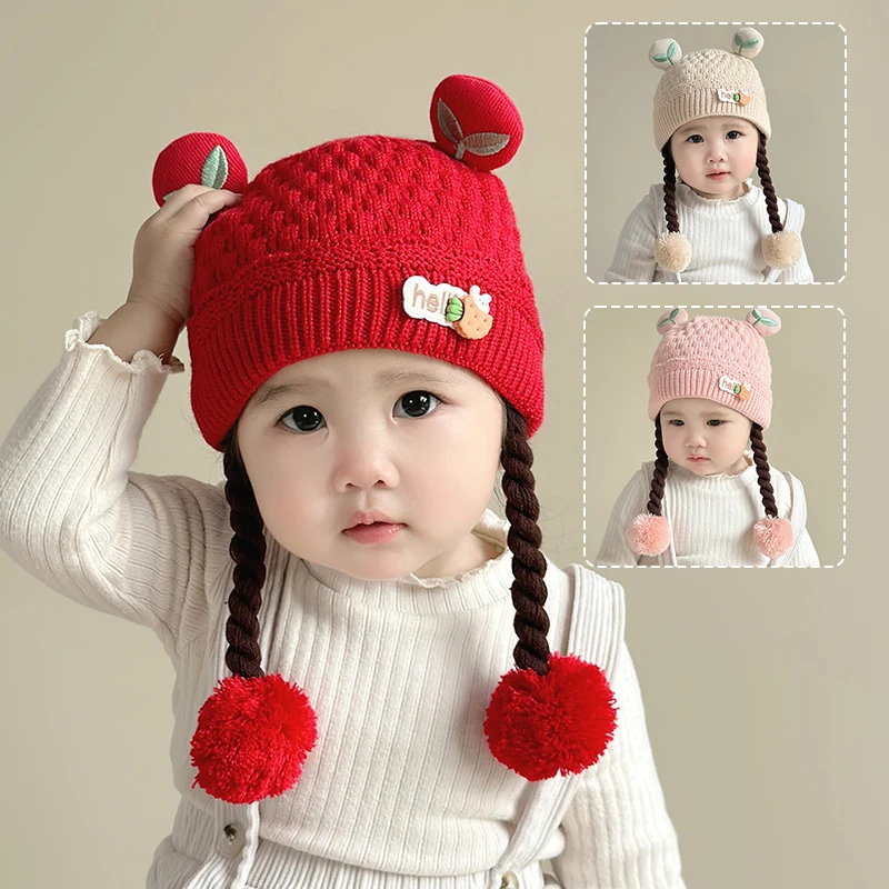 Cute Braid Baby Ear Protection Cap 6-24M Kids Winter Warm Knitted Woolen Hat Cartoon Toddler Beanie Children Girl Crochet Bonnet