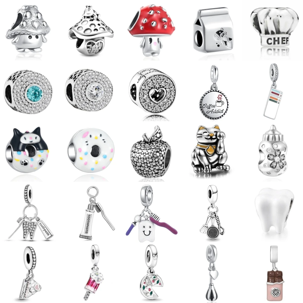 

Новая зубная щетка из стерлингового серебра 925 пробы, пицца, пончик, подвеска ley 925, цепочка из бисера, подходит для оригинального браслета-подвески, женские украшения своими руками