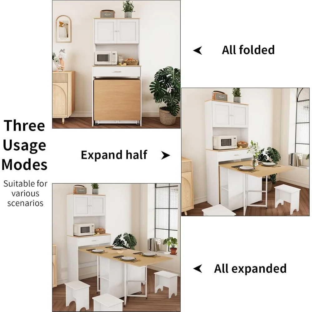 省スペースの木製ダイニングテーブルセット、折りたたみ機能付き、キッチン収納と電源コンセント用の背の高いサイドボードキャビネット付き