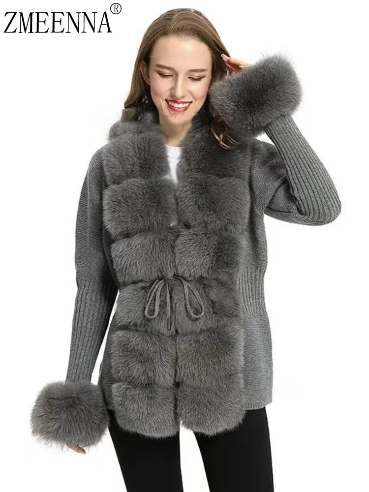 

ZMEENNA Stylish Gray Knit Cardigan For Women Cozy Faux Fur Trimmed Open Front Jacket With Drawstring Waist Perfect ZM3604