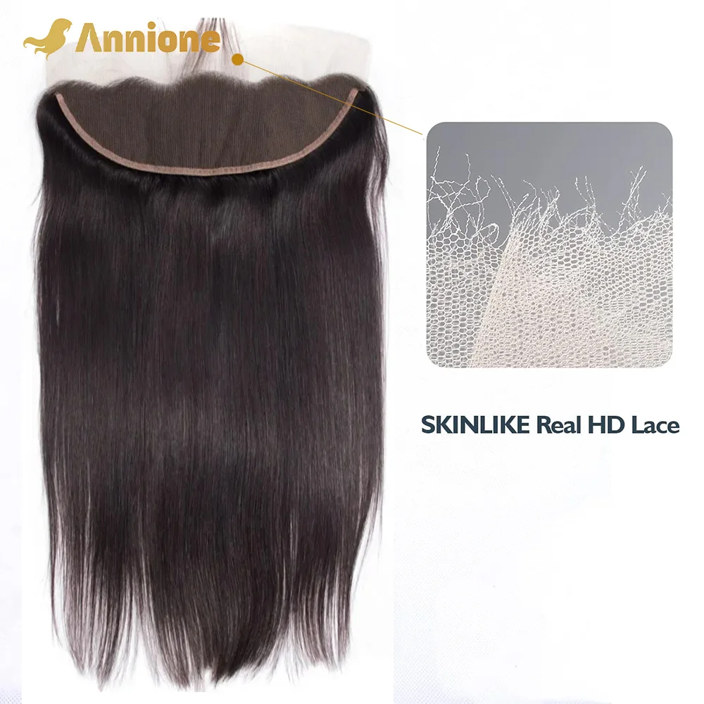 Annione-encaje Frontal liso de 13x4, encaje transparente HD, 4x4, 5x5, cierre 100%, cabello humano brasileño HD predesplumado