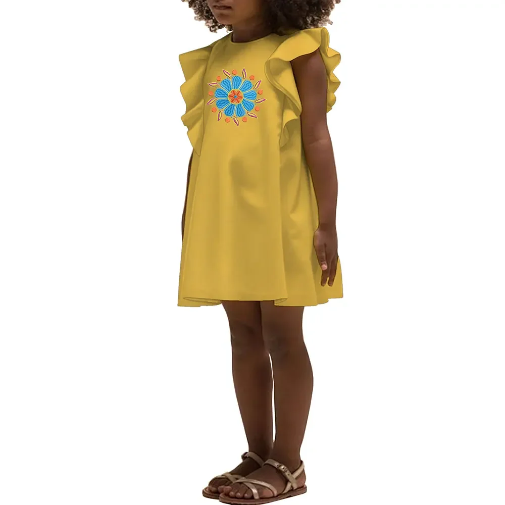 African Dresses for Baby Girls Round Neck Dress Traditional African Print Bazin Riche Casual Kids Party Dress WYT795