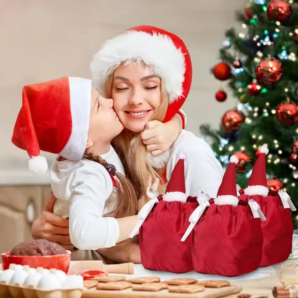 5pcs Christmas Hat Bags Red Santa Claus Velvet Candy Antlers Bags Draw String Packing Bag Navidad New Year Perfect Presents