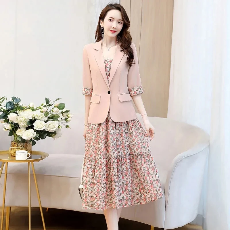 Office Lady Print Midi Dresses 2 Piece Set Fashion Blazer Coats + Chiffon Tank Vestidos Elegant Conjuntos Casual Korean Suit New