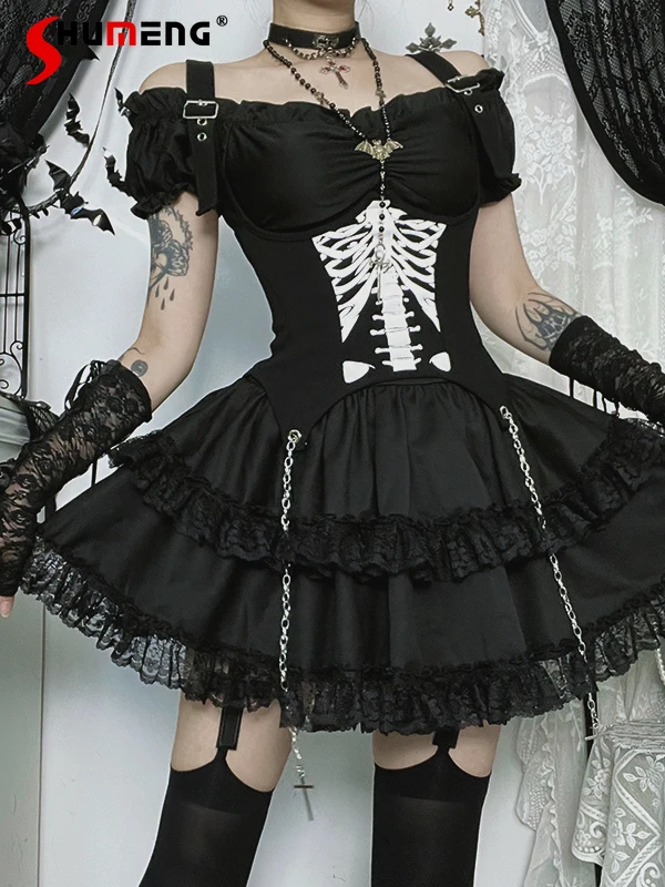 

Subculture Dark Gothic Halloween Hot Girl Dress Off-Shoulder Puff Sleeve Lace Patchwork High Waist Slim Black Short Dress Women