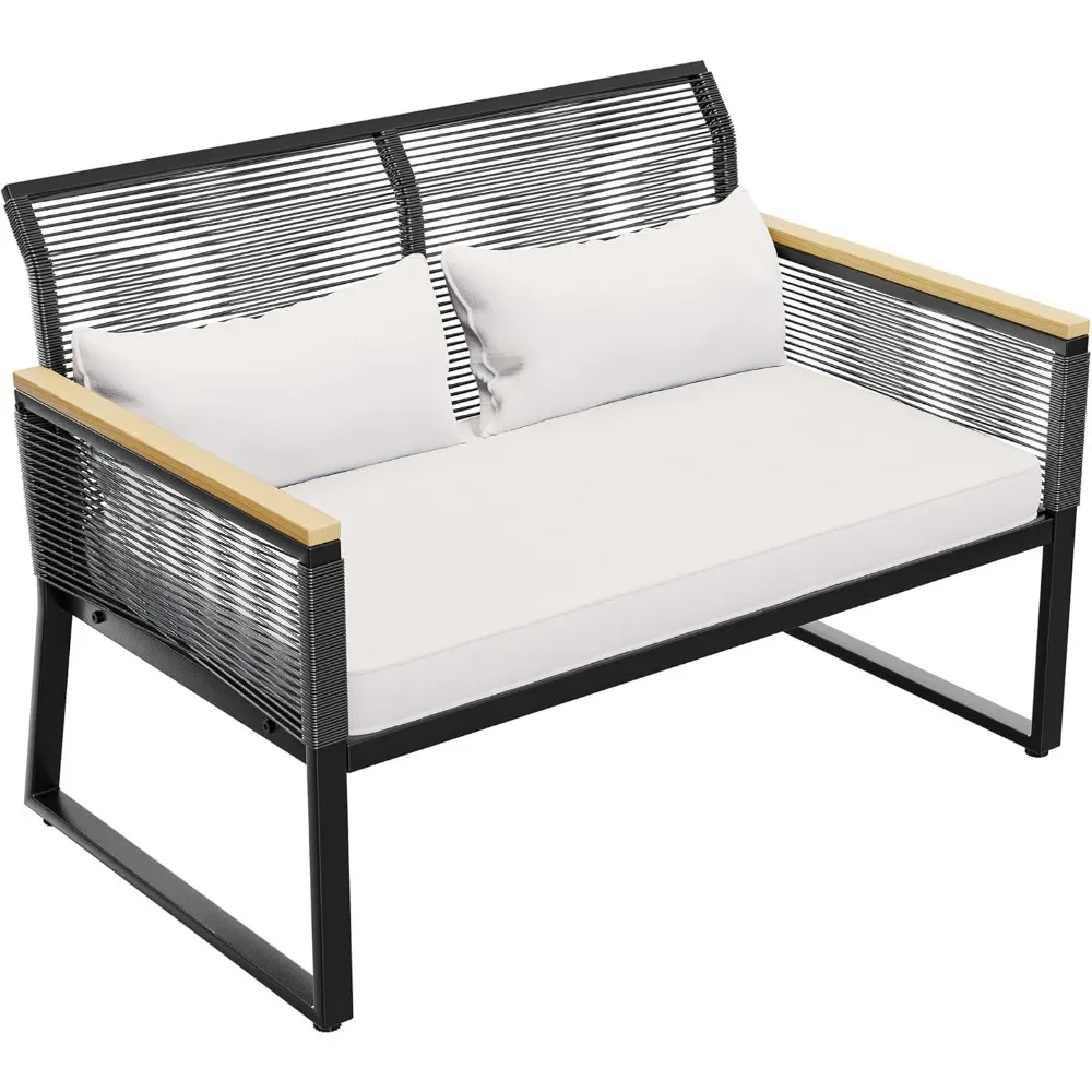 Wicker Patio Loveseat – All-Weather Rattan Outdoor Furniture, Conversation Loveseat with Wooden Accents for Backyard