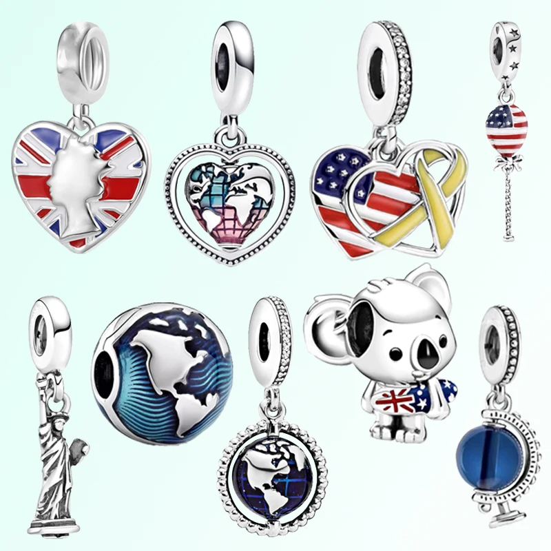 New Globe National Flag Statue of Liberty Charm Beads Fit Original  925 Silver Pandora Bracelet DIY Women Jewelry Gifts Making