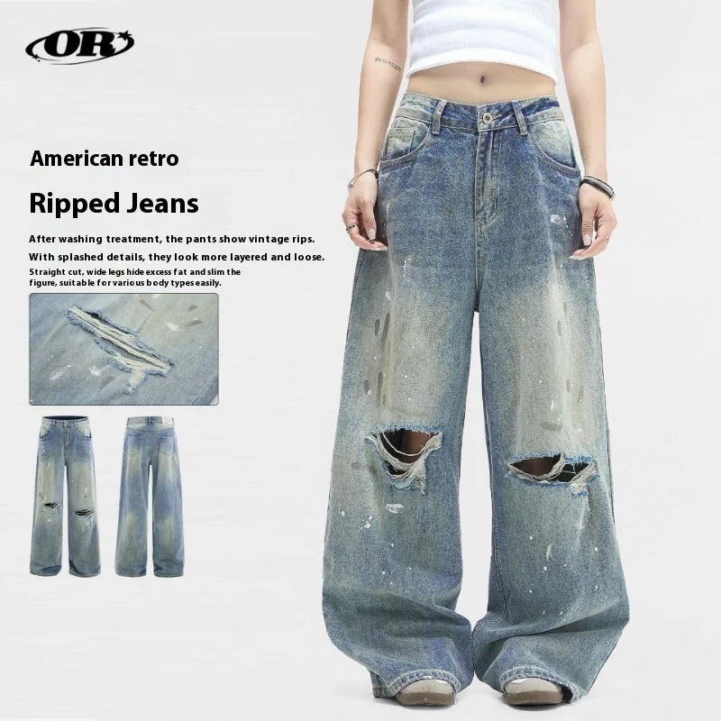 OR FL Women's American High Street Hole Wide Leg Jeans Trendy Brand Ink Splashing Aging Dirty Pants Mop the Floor Trousers Y2k