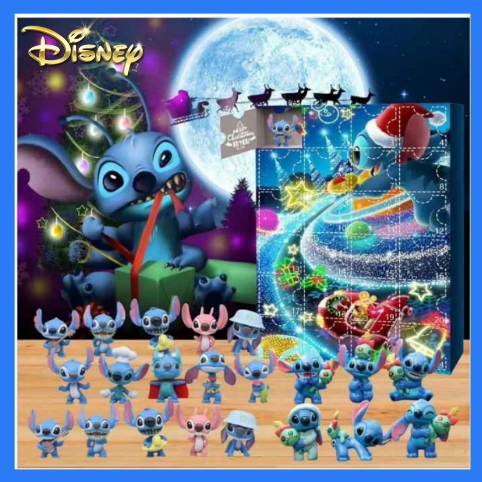 Gorąca sprzedaż Disney akcesoria Stitch świąteczny kalendarz adwentowy zabawka dla dzieci pudełko z niespodzianką Lilo i Stitch Model lalki figurki Anime świąteczny prezent