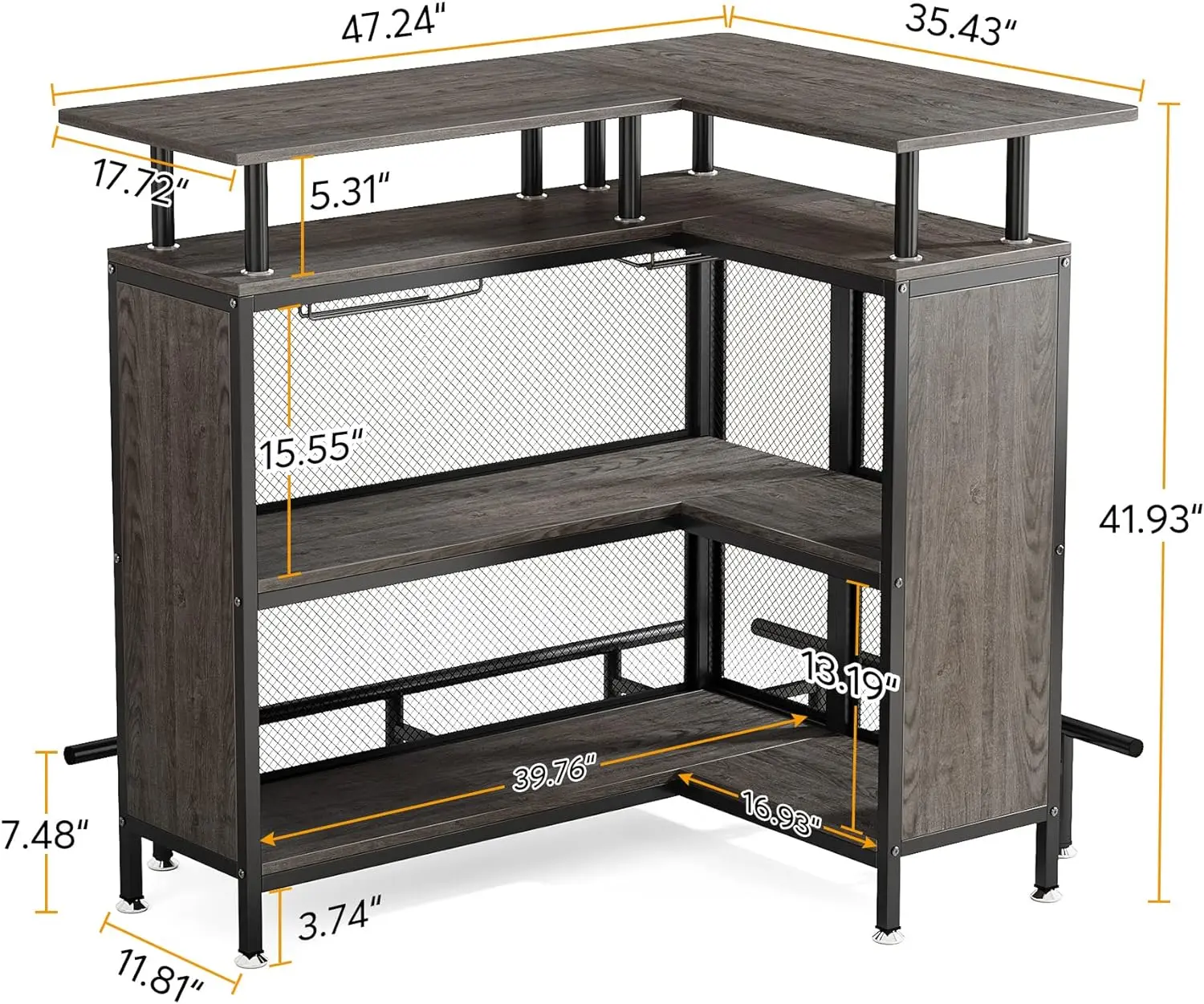 Barra compacta en forma de L para el hogar, estantes de almacenamiento de licor, Mostrador de altura, Metal resistente y madera, estilo Industrial, 47,24 "W x 41,93" H