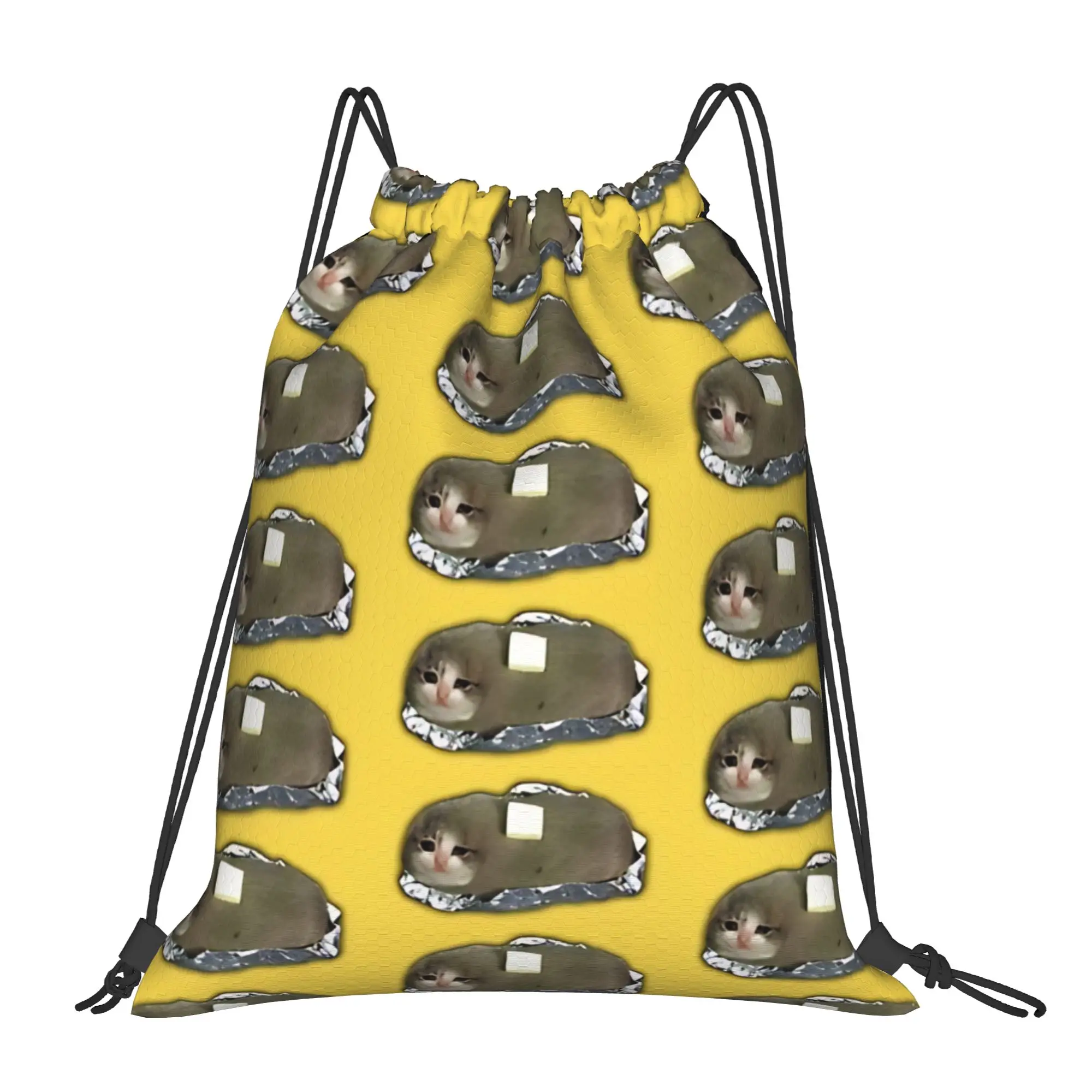 Cat meme sad potato cat with butter Portable Travel Riding Gym Drawstring Storage Sporty Backpacks