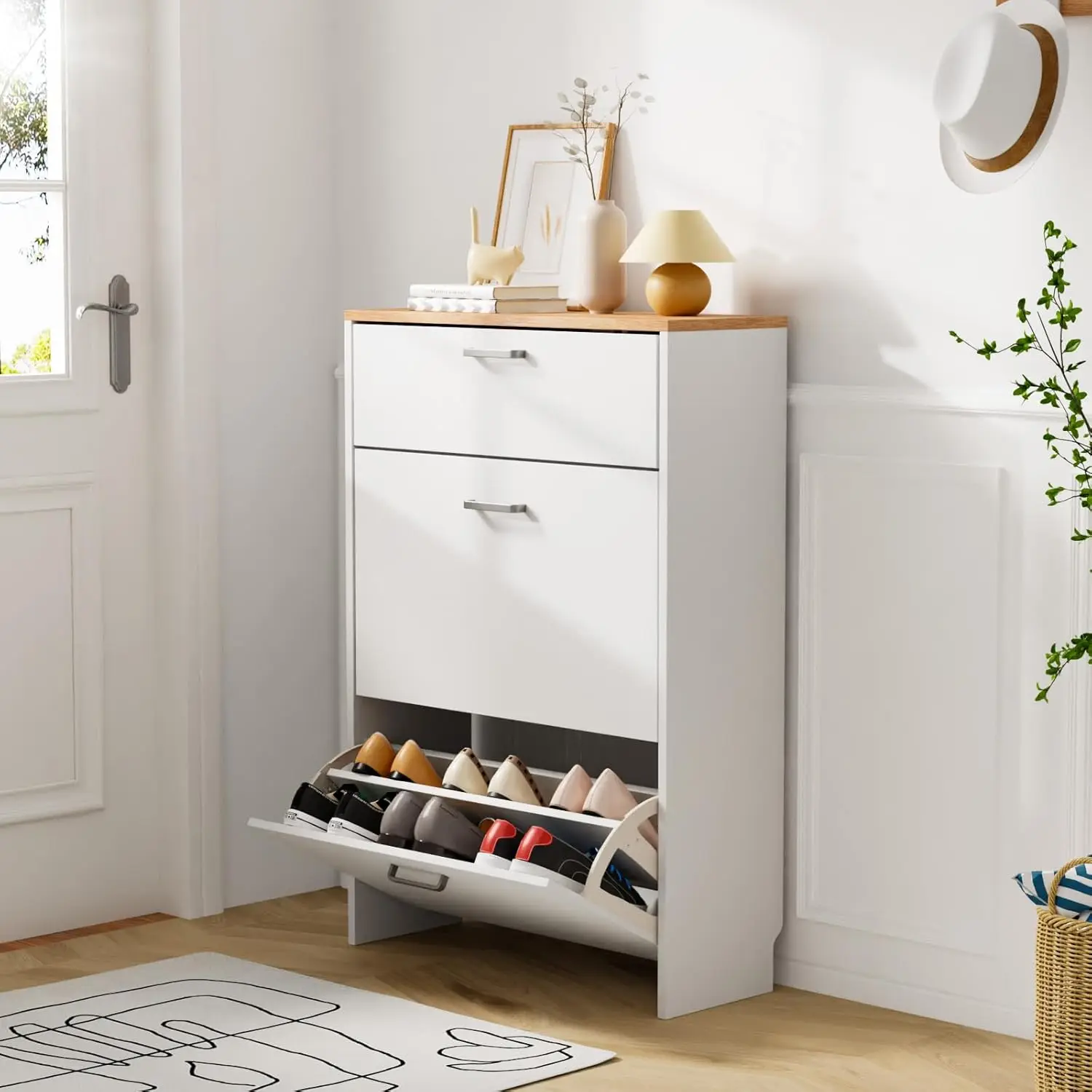 Shoe Cabinet Storage for Entryway, Hidden Shoe Cabinet with 2 Flip Drawers & Drop-Down Door