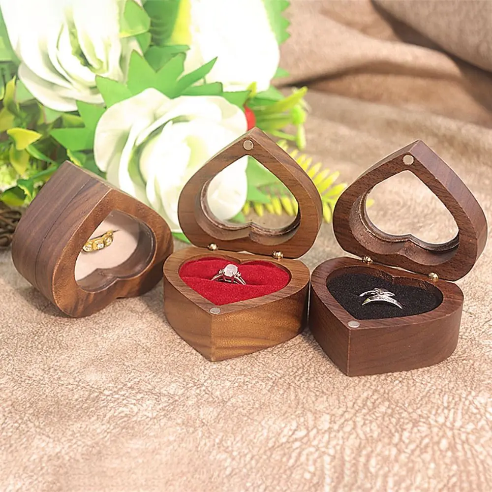 

2 Slots Heart Rings Holder Transparent Cover Magnetic Cover Walnut Wood Rings Box Proposal Anti-collision Rings Bearer Box