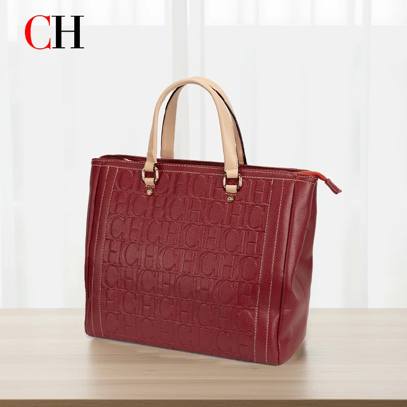 CH Women Lightweight Embossed Letter Print Tote Bag Contrast Handle Zipper Closure Business Vacation Shopping Commute