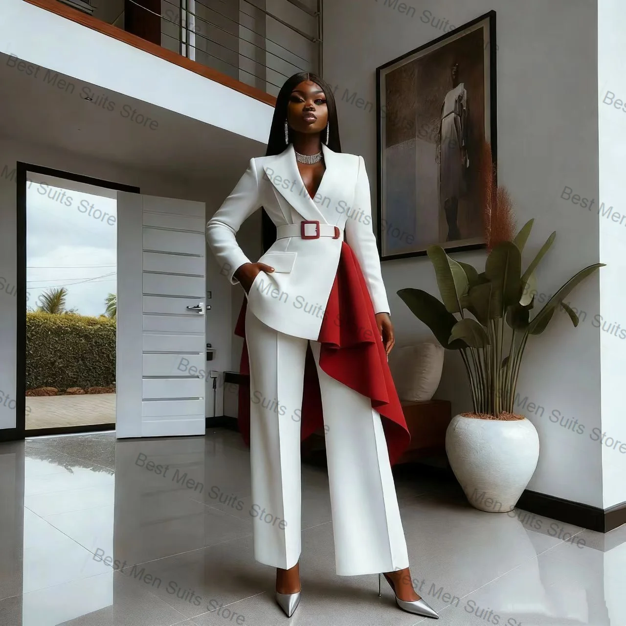 

White Red Women Suit Set 2 Pcs Blazer Pants Trousers Belted Cotton Formal Office Jacket Customized Wedding Tuxedo Guest Coat