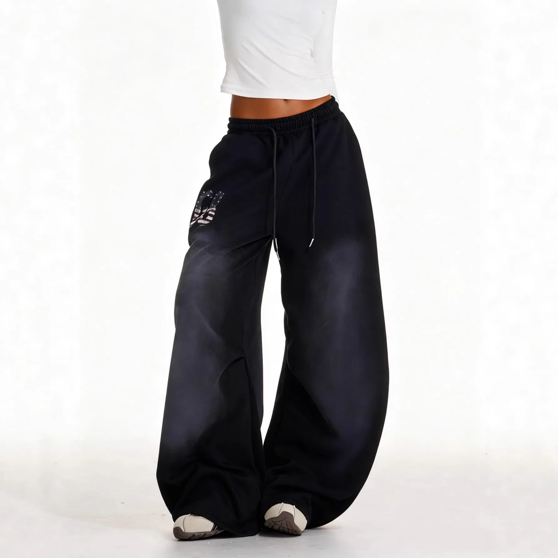 Retro Spice Girl Printed Black Casual Sweatpants Women's Autumn New Loose Versatile Dancing Wide Leg Pants