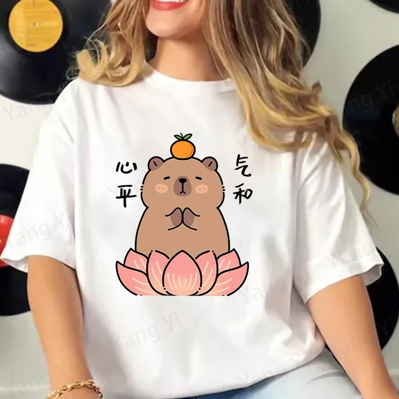 Capibala Sat on a Lotus Flower with His Hands Clasped Together Printed T-Shirts For Men Women Short Sleeve Funny Couple Tees