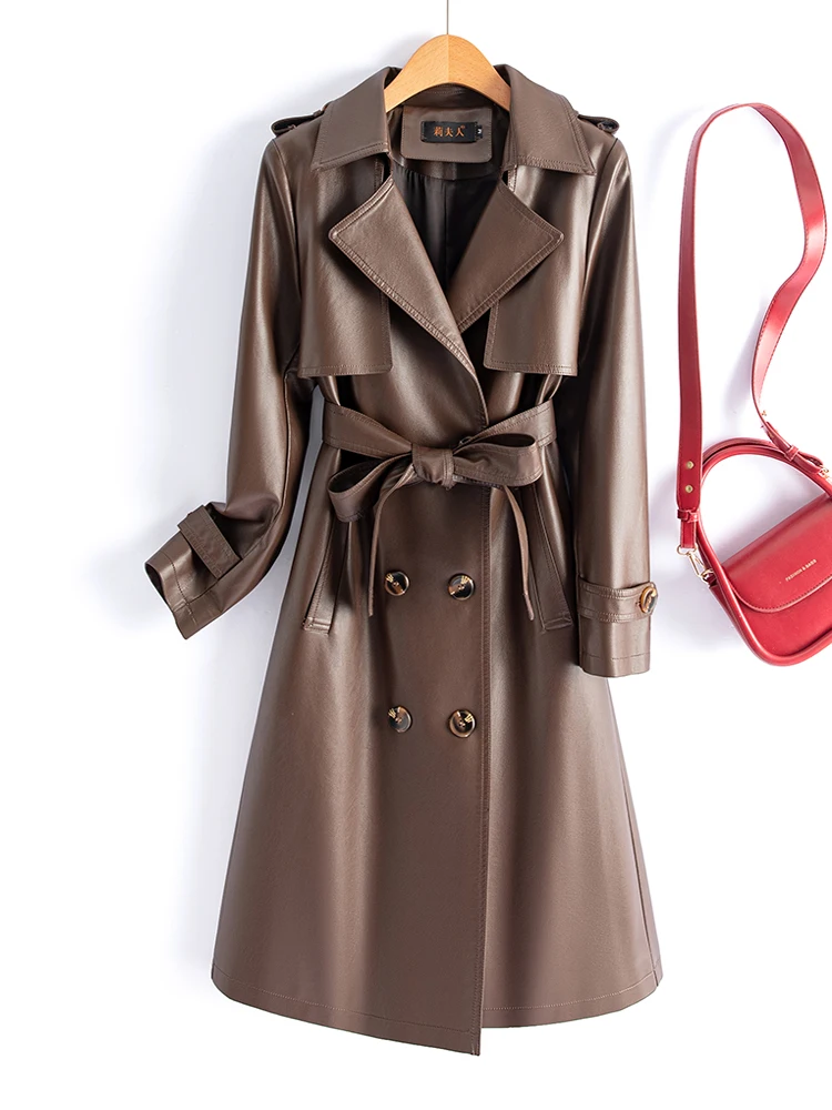   Manteau coupe-vent mi-long en cuir véritable pour femme, version coréenne ajustée, nouvelle collection automne-hiver 2025