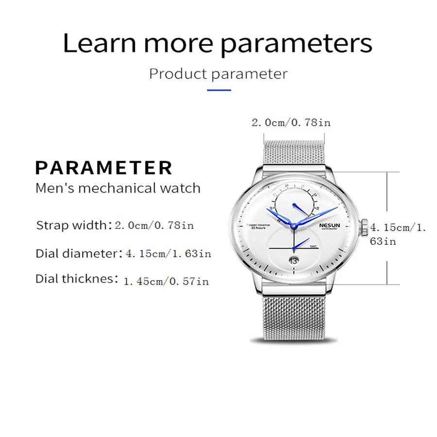 NESUN men's automatic mechanical watch, luminous fashion skeleton flywheel men's watch, calendar and day function