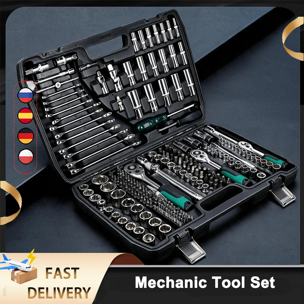 Kit d'outils de réparation automobile 216 pièces, jeu de clés à douille robuste pour mécanicien, jeu de douilles à embouts à joint universel avec cliquet 24 dents, ensemble d'outils manuels de précision en Cr-V pour bo