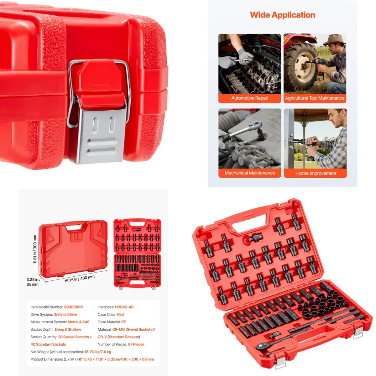 3/8 in Drive Impact Socket Set, 67 Piece, 6 Point Shallow & Deep Impact Sockets, SAE (5/16 in to 3/4 in) and Metric (8 mm to 19
