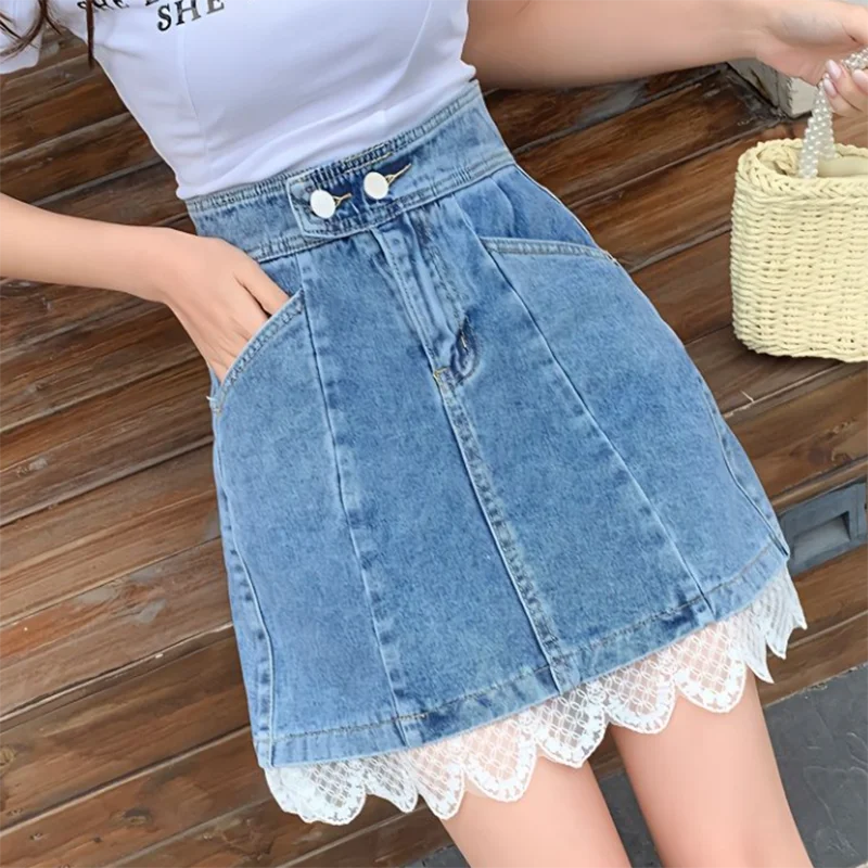 Trendy High-Waist A-Line Mini Skirt for Women Spring Summer New Style Patchwork Lace Denim Skirt Asymmetrical Bodycon Skirt