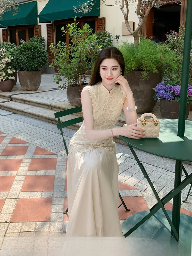 

Lingxian Zhihe Lace Dr Women's Autumn Beautiful New Chinese Sle ort Sve A-Line Skirt Nylon Fabric