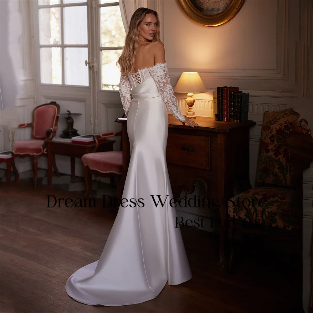 DREAM V-Neck Lace Mermaid Wedding Dress Long Sleeve High Split Pleat Off The Shoulder Bridal Gown Vestidos De Novia Customized