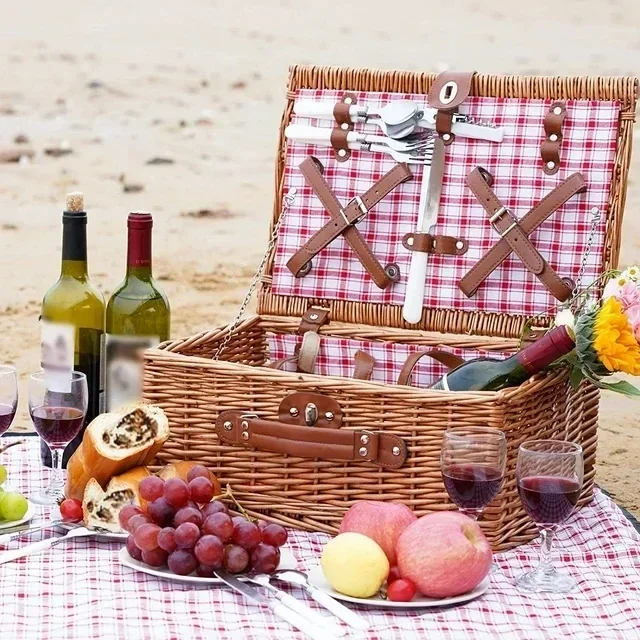 Vintage Hand-woven Picnic Basket, Handwoven Willow Construction Flat Lid Design Basket Natural Wicker with Pretty Gingham/