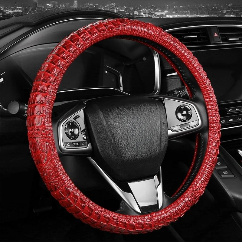 Universal Crocodile Grain Leather Car Steering Wheel Cover O or D Type Four Seasons Comfortable Handle Case Interior Accessories - Image 2
